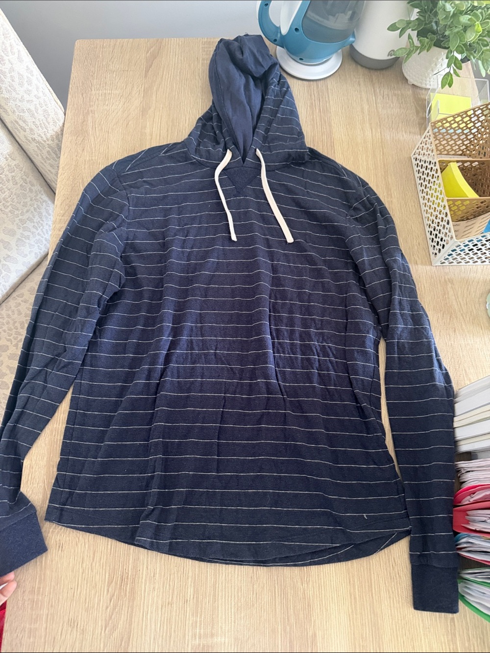 Marine Layer Navy Blue Striped Hoodie with White Drawstrings